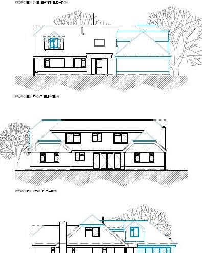 Set Square Studio proposed elevations for a Dorset house remodel — new additions drawn in blue