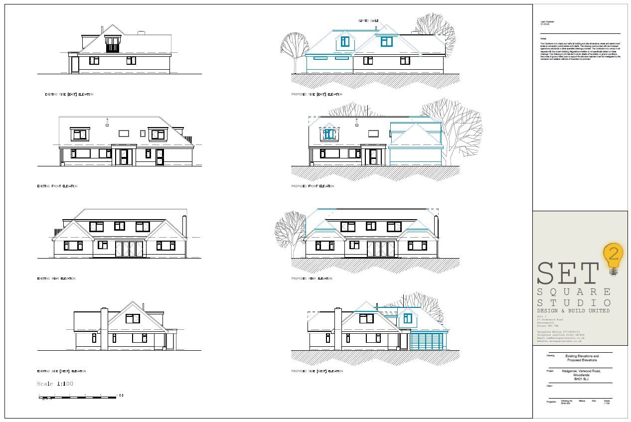 Full Set Square drawing sheet: existing and proposed elevations for a Dorset house remodel, proposed works in blue