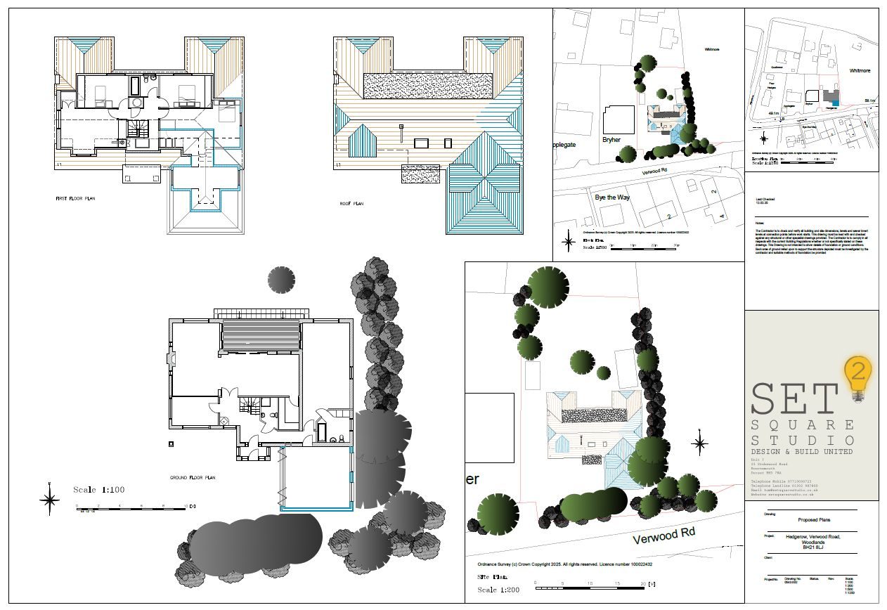 Full Set Square drawing sheet: proposed floor plans, roof plan, block plan and site plan