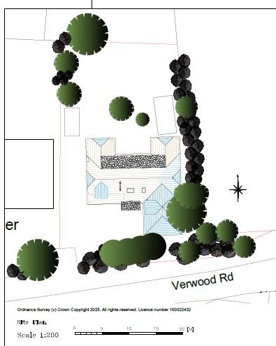 Set Square Studio site plan at 1:200 for a plot on Verwood Road, Dorset